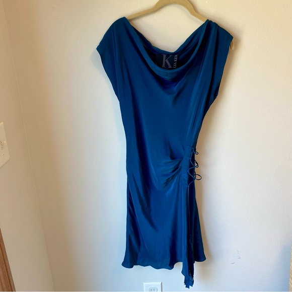 LIA KES 100% Silk Dress Navy Blue Midi Tassel Boatneck Side Tie - Picture 3 of 9